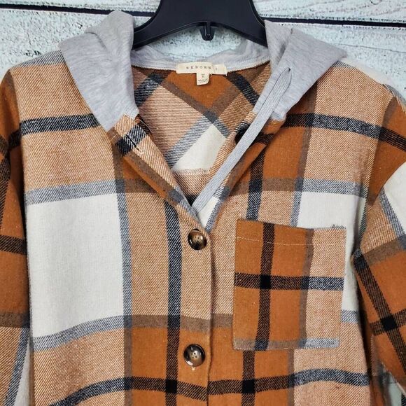 Reborn J Women’s Plaid Button Front Hoodie Flannel Shirt Jacket Size S - Picture 3 of 6
